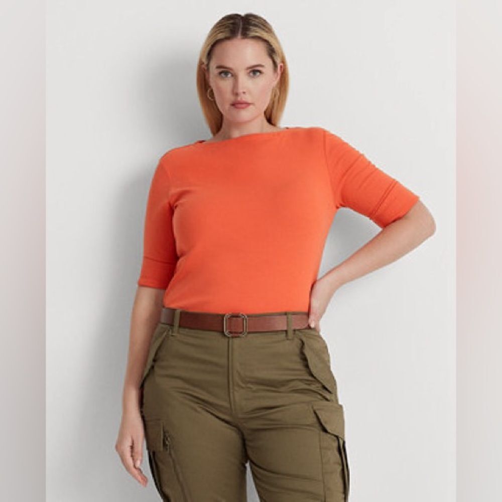 Ralph Lauren Plus Size Boatneck Elbow-Sleeve Top, Boatneck Orange Size 2X NEW - Picture 1 of 15